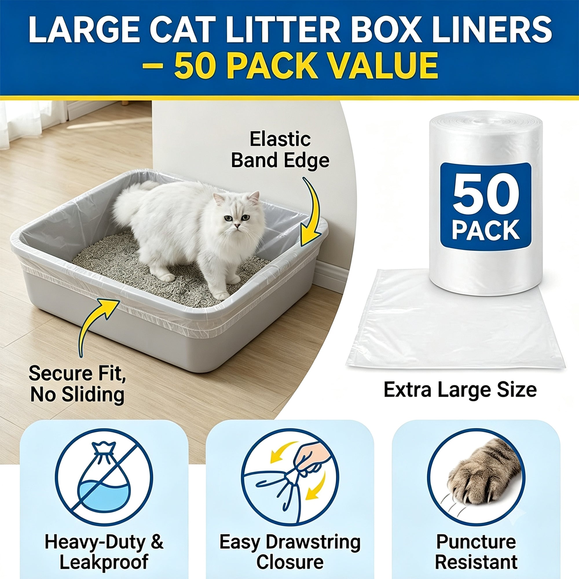 50 Pack Cat Litter Box Liners, Disposable Elastic Edge Kitty Litter Pan Bags, Leak-Resistant Plastic Trash Bags, Compatible with Large Open-Top and Covered Cat Litter Boxes