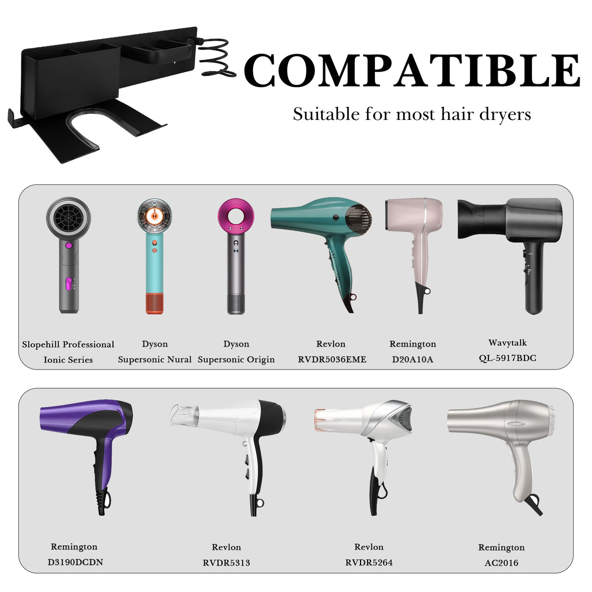 Linkidea Wall Mounted Hair Dryer Holder with Hook, 4-in-1 Aluminum Hair Tool Organizer, Compatible with Dyson Supersonic Origin, Supersonic Nural, Blow Dryer Storage Rack (Black)