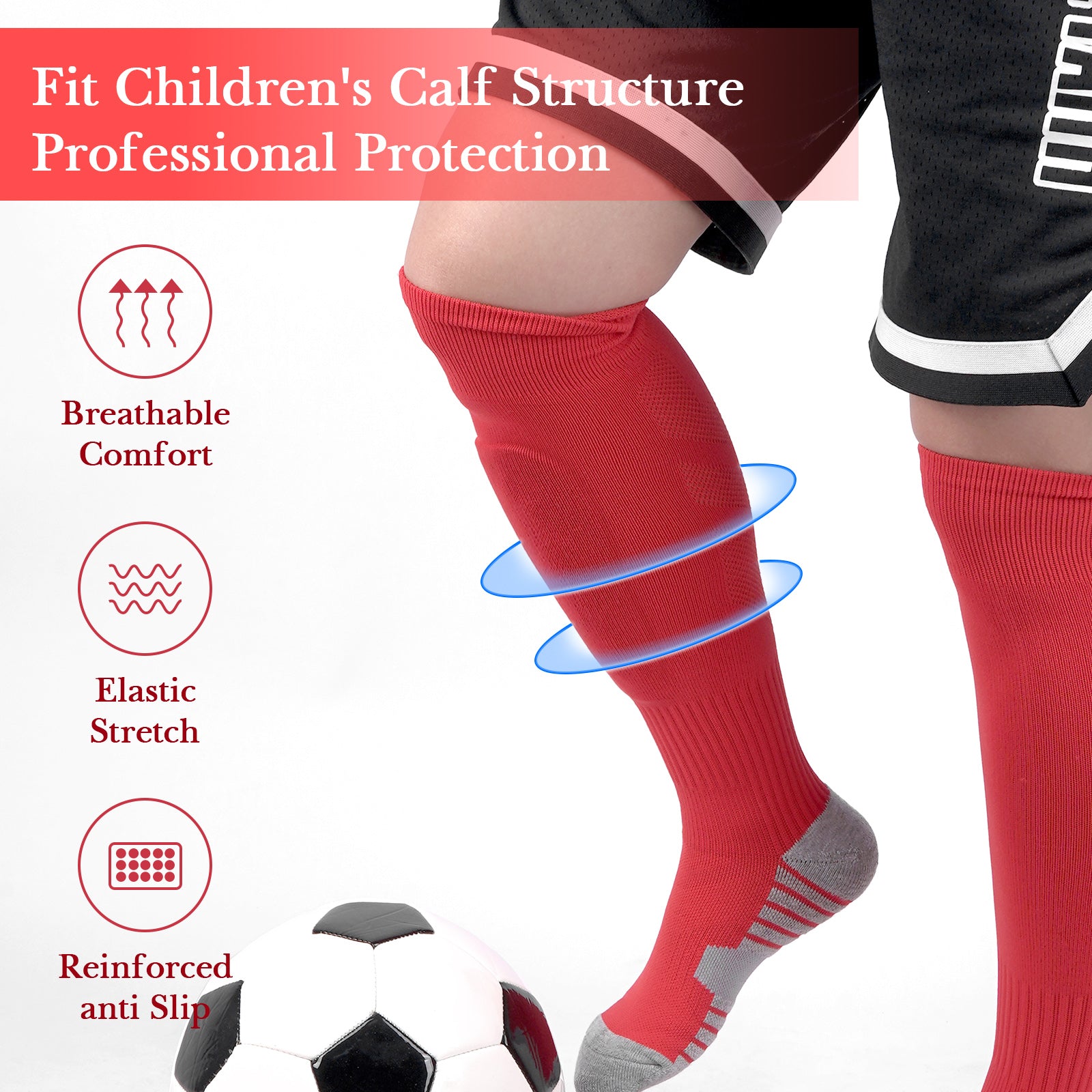 Linkidea Kids Soccer Socks with Shin Guards, 2 Pairs Breathable Knee High Socks with Lightweight Shin Pads, Long Sleeve Cushion Socks for Child 4-6 Years Over Calf Soccer Socks (Red&Blue, S)