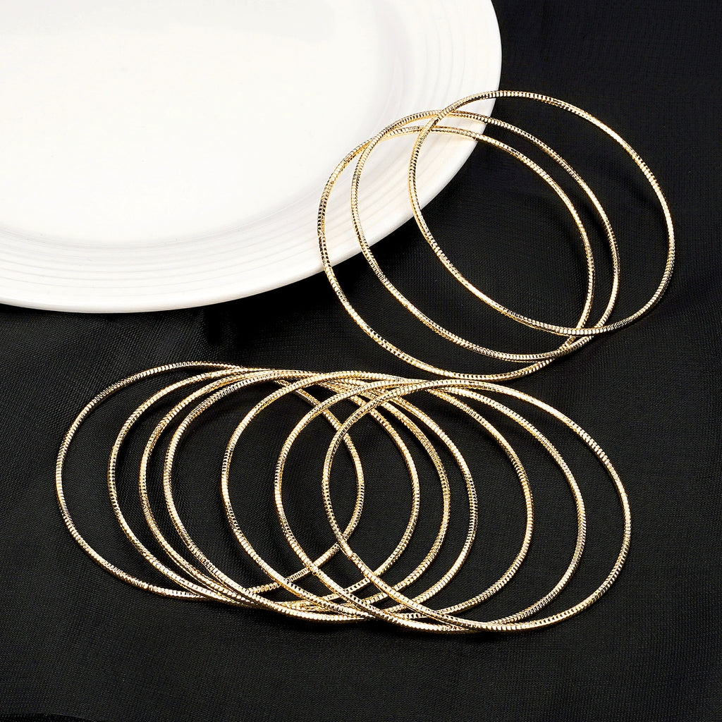 10-Piece Gold-Tone Extra-Large Bangle Set for Women, 2.68" Fixed Round Bracelets, Thin Stackable Textured Bangles for Large Hands, Non-Adjustable