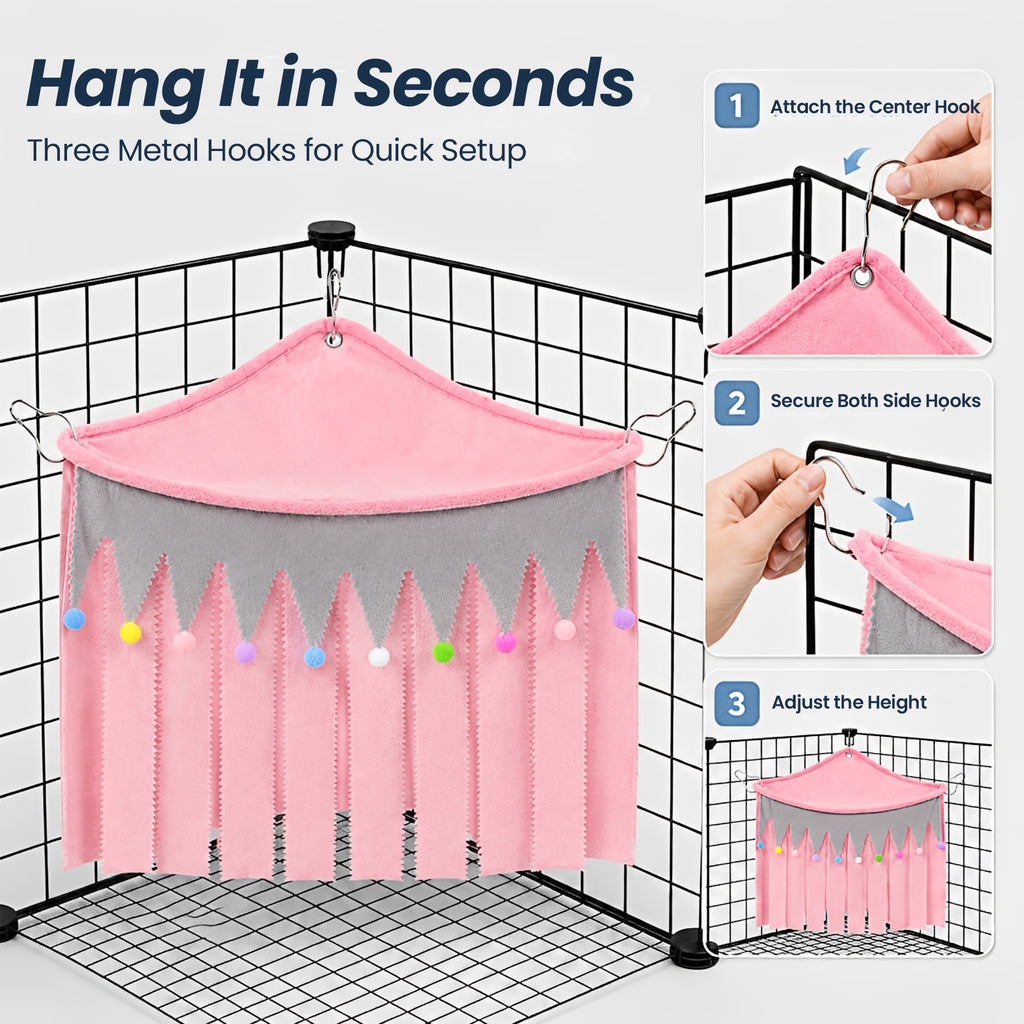 Corner Fleece Hideout Hammock for Small Animals, Cozy Hanging Cage Bed with Tassel Curtain, Soft Habitat Shelter with 3 Metal Hooks for Guinea Pigs, Rabbits, Ferrets, Chinchillas, Rats
