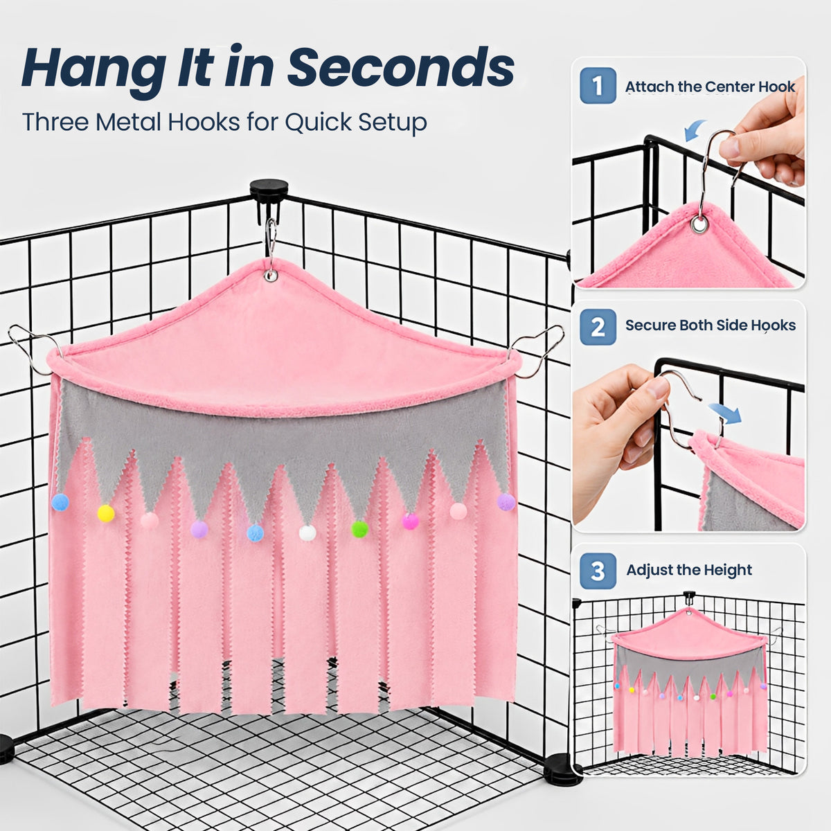 Corner Fleece Hideout Hammock for Small Animals, Cozy Hanging Cage Bed with Tassel Curtain, Soft Habitat Shelter with 3 Metal Hooks for Guinea Pigs, Rabbits, Ferrets, Chinchillas, Rats
