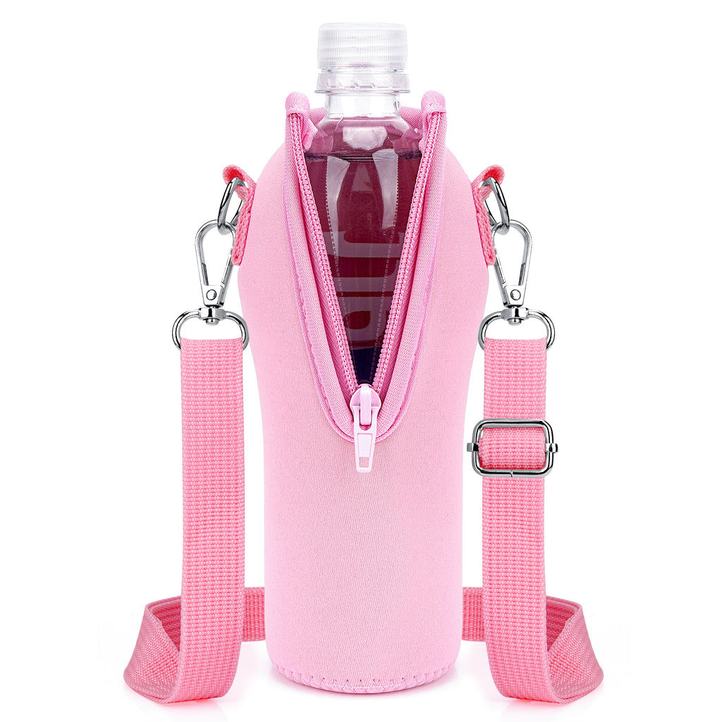 Linkidea Disposable Water Bottle Carrier with Strap Compatible with Smartwater 16.9/20Fl Oz, Insulated Neoprene Plastic Bottled Water Cover Holder with Clip for Backpack (Pink)