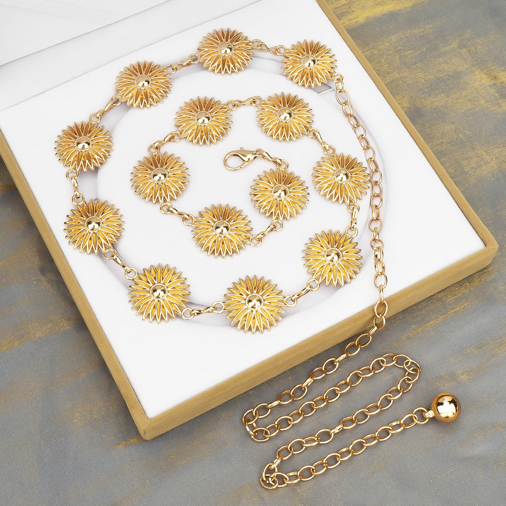 Plus Size Chain Belt for Women, Metal Chain Belt Belly Waist Chains, 59 Inch Adjustable Chunky Body Fashion Waist Jewelry Accessory (Gold, Daisy Style)