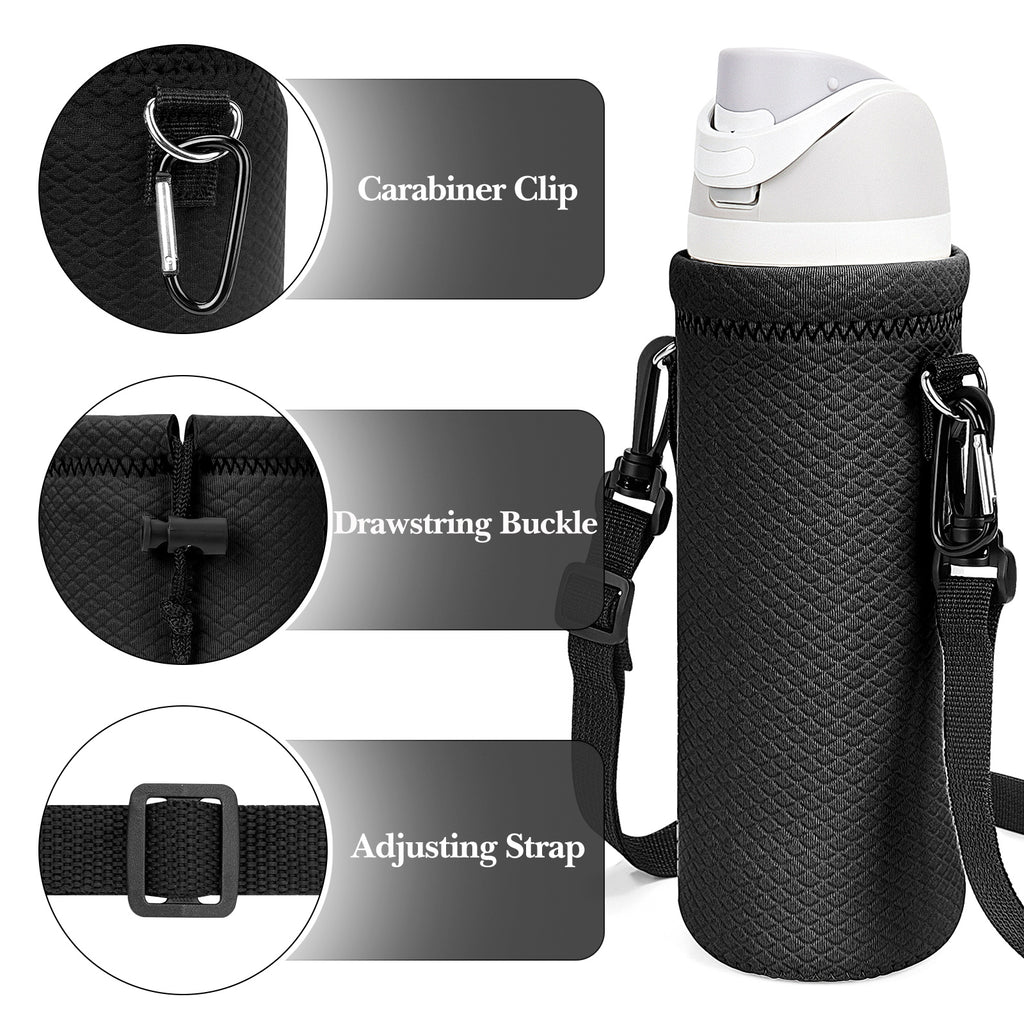 Linkidea Water Bottle Carrier with Strap Compatible with Owala FreeSip 24oz, Twist 24oz, Potter 24oz Bottle, Neoprene Waterbottle Sling Bag Holder, Black