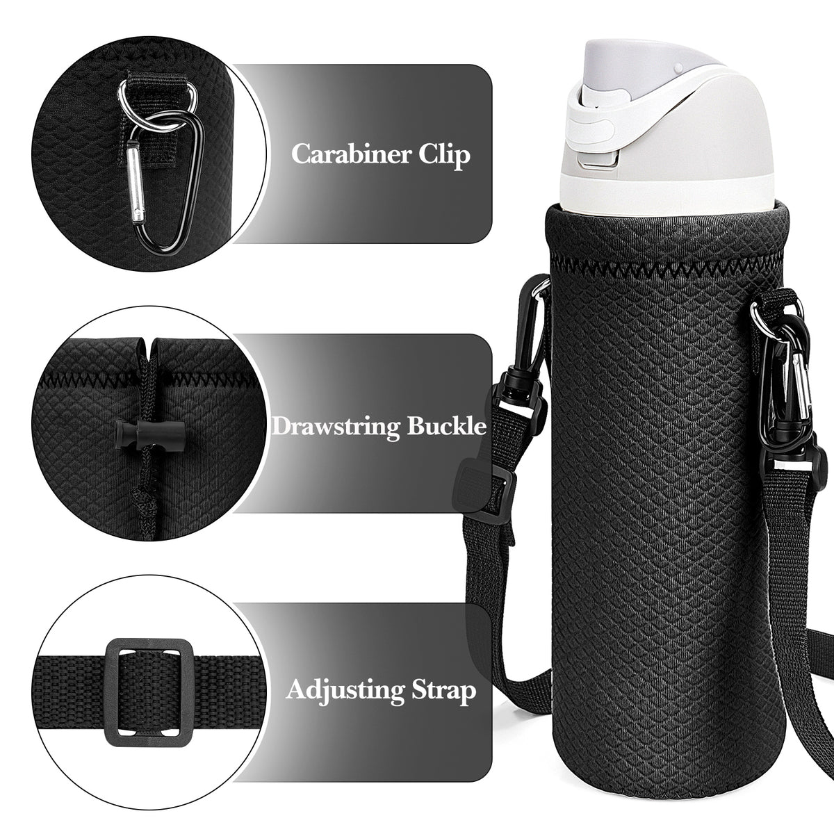 Linkidea Water Bottle Carrier with Strap Compatible with Owala FreeSip 24oz, Twist 24oz, Potter 24oz Bottle, Neoprene Waterbottle Sling Bag Holder, Black