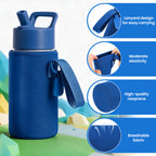 Linkidea Water Bottle Sleeve Compatible with Thermos FUNTAINER Tritan 16oz, Steel 12oz, Kids Bottle Holder Bag with Name Tag, Navy Blue