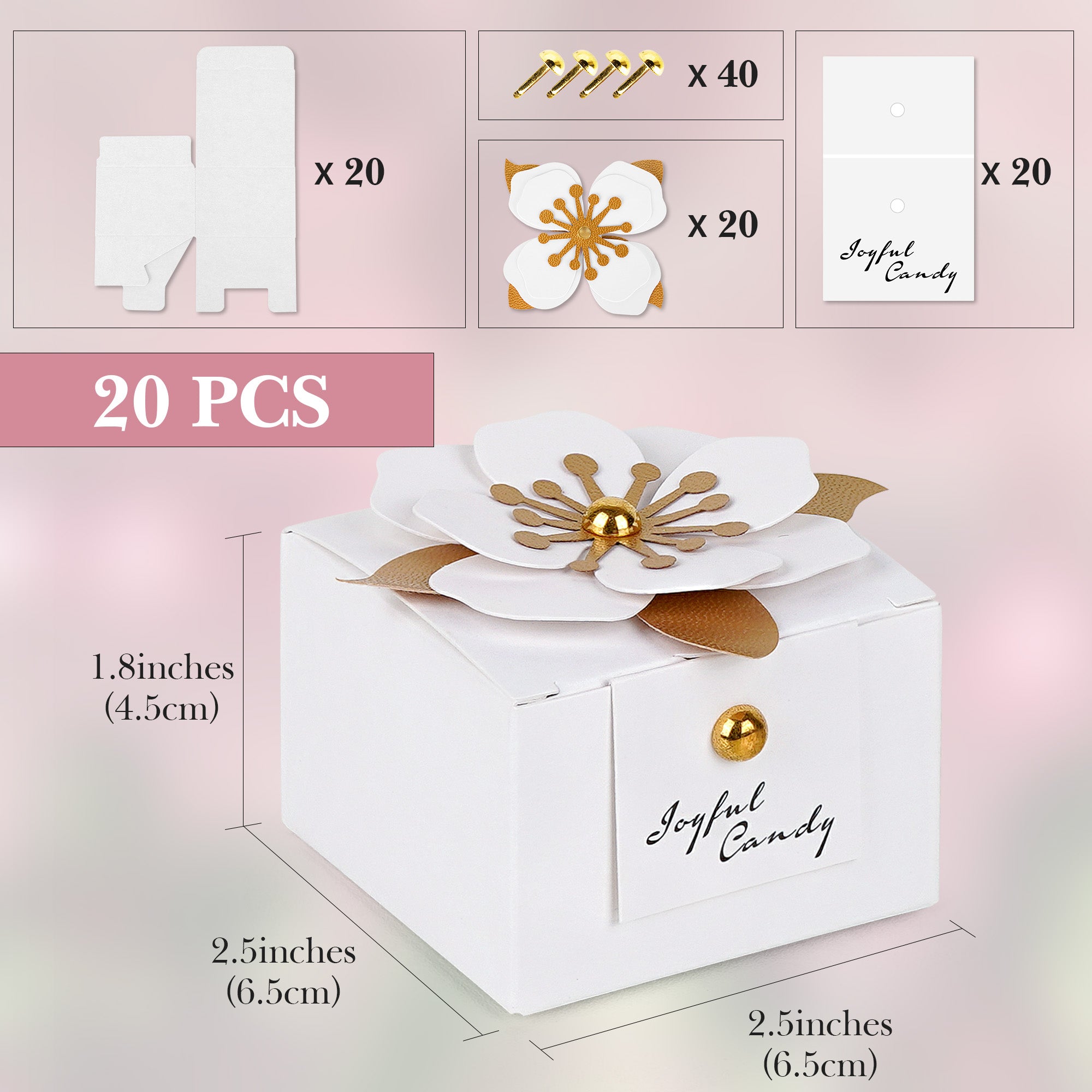 Linkidea 20 Pcs White Floral Folding Candy Gift Boxes 2.55" x 2.55" x 1.77" for Wedding Favors, Elegant Party Thank You Boxes with Tags