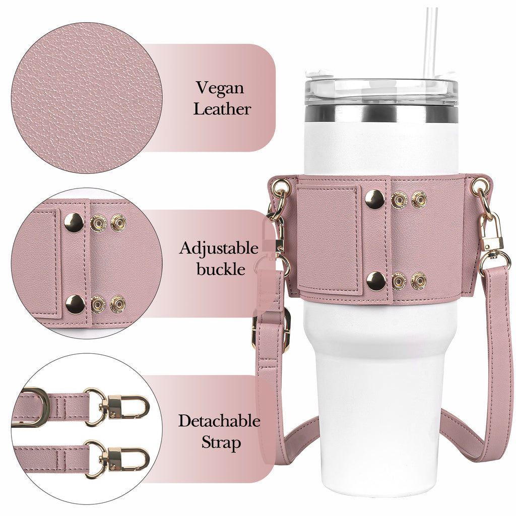 Linkidea Water Bottle Holder with Strap Compatible with Stanley Quencher H2.0 30oz/40oz, Simple Modern 40oz Tumbler, Vegan Leather Waterbottle Bag Holder, Shoulder Strap with Keyring, Pink