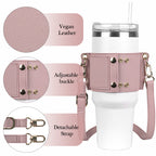 Linkidea Water Bottle Holder with Strap Compatible with Stanley Quencher H2.0 30oz/40oz, Simple Modern 40oz Tumbler, Vegan Leather Waterbottle Bag Holder, Shoulder Strap with Keyring, Pink