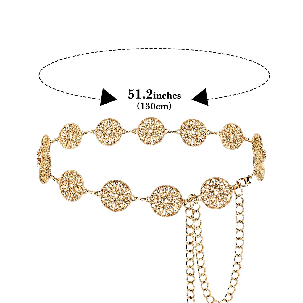 Plus Size Chain Belt for Women, 2 Pack Hollow Round Pieces Metal Chain Belt Women Belly Waist Chains, Extra Long Body Chain, 51.2 Inch Adjustable Chunky Belt Chain