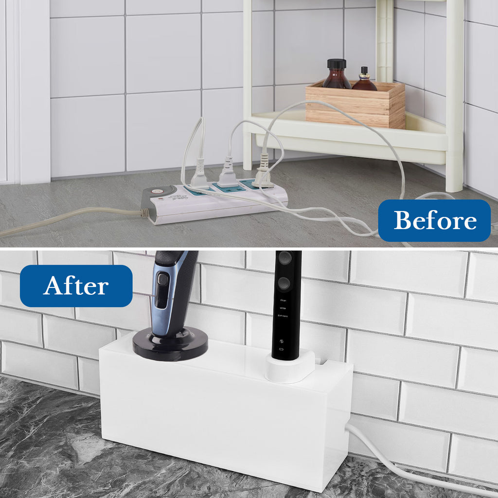 Linkidea Acrylic Bathroom Cord Storage Box, Compatible with Electric Toothbrush and Razor, Waterproof Power Cable Management Holder, Countertop Wire Organizer Container (White)