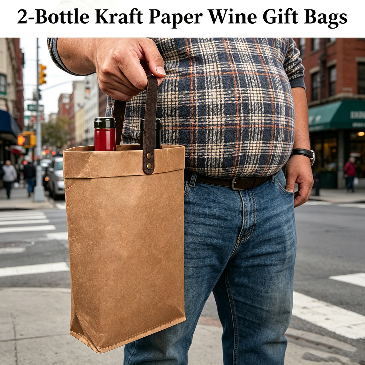 Linkidea 2-Bottle Kraft Paper Wine Gift Bag, Reusable Wine Tote Carrier with Detachable Divider, Portable Holder for Wedding, Holiday, Business & Party Gifting (Brown)