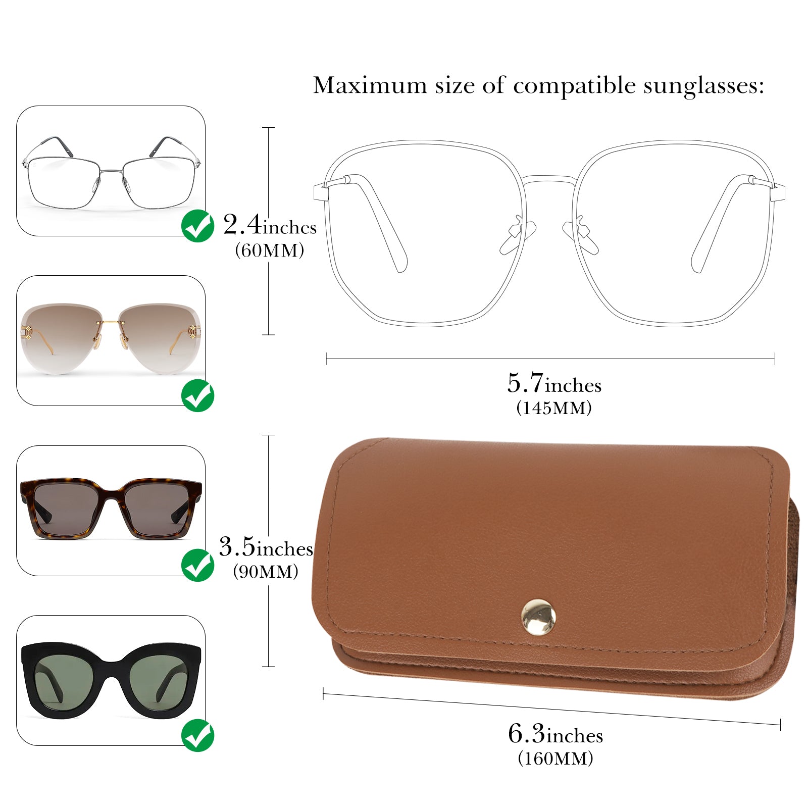 Extra Large Sunglasses Pouch Case with Carrying Strap, Vegan Leather Brown EyeGlasses Organizer Soft Bag Compatible with Rayban RB2132 RB4416 RB2241 RB3548 RB2398F RB4246