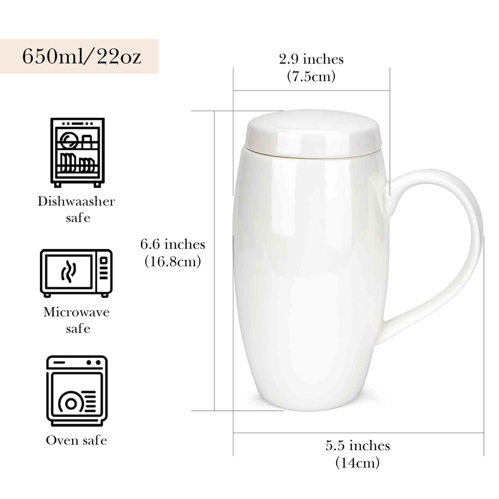 Linkidea 22oz Extra Large Fine Bone China Coffee Mug with Lid, Oversized Coffee Cups with Handles, Big Teacups for Office and Home, Microwave and Dishwasher Safe, White