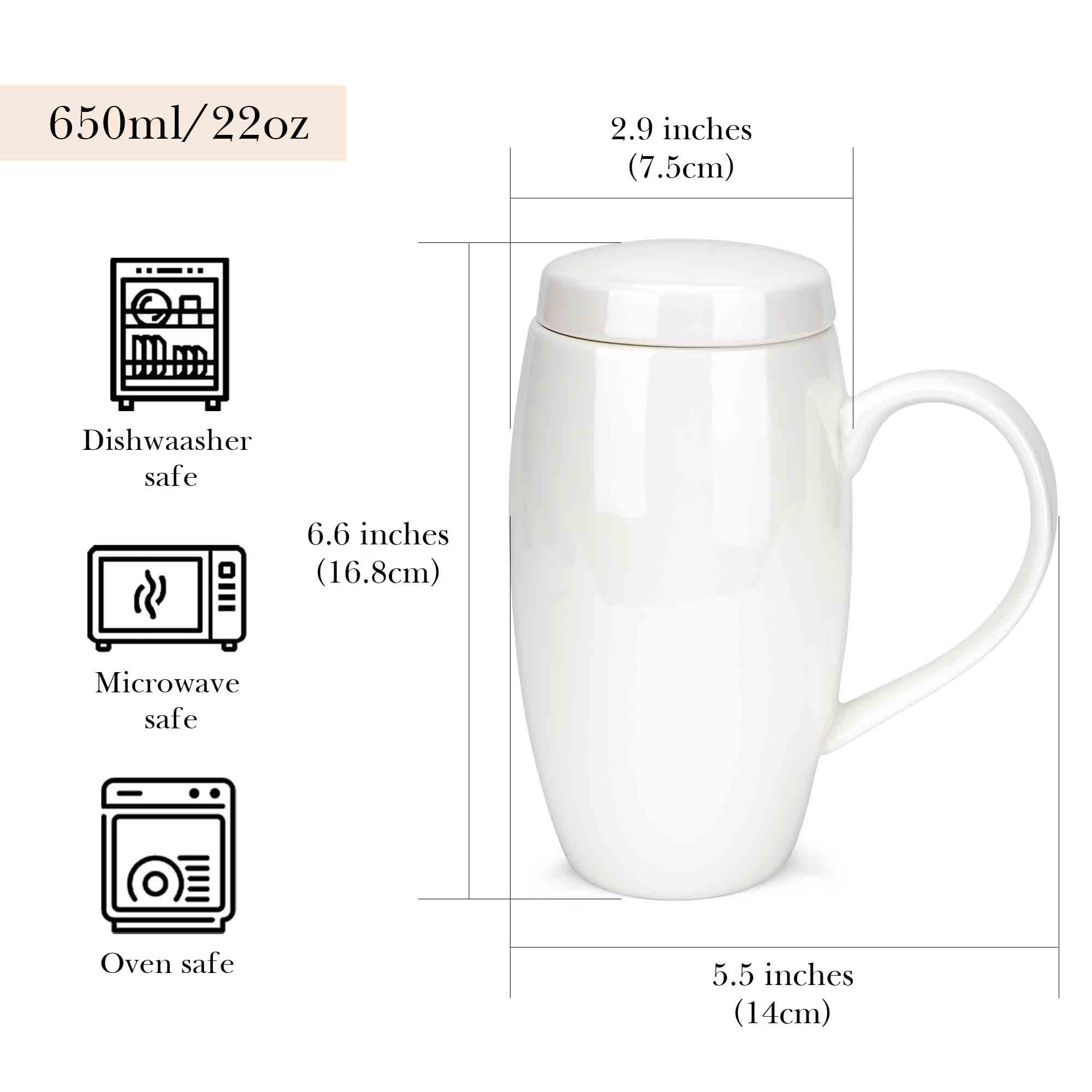 Linkidea 22oz Extra Large Fine Bone China Coffee Mug with Lid, Oversized Coffee Cups with Handles, Big Teacups for Office and Home, Microwave and Dishwasher Safe, White