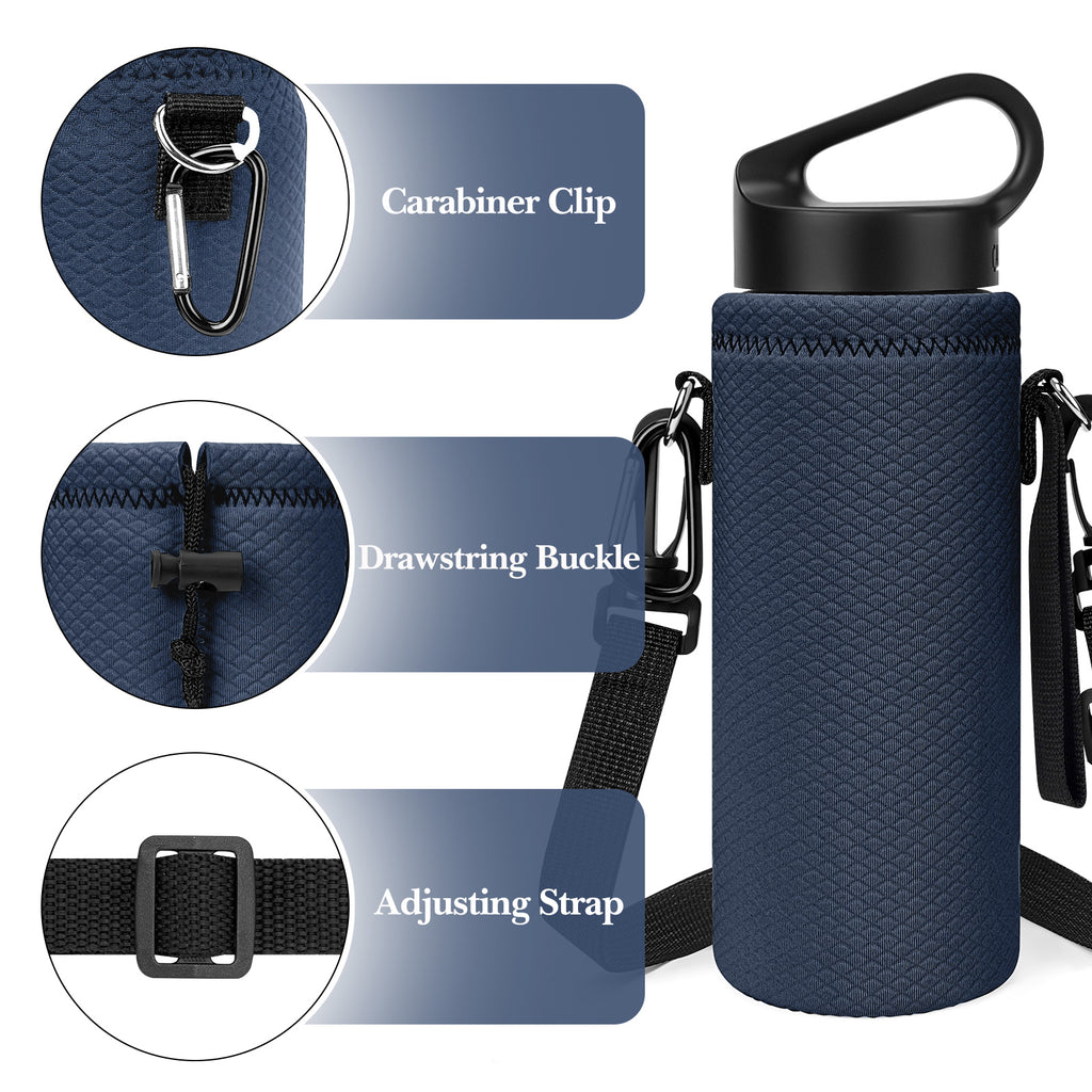 Linkidea Water Bottle Carrier with Shoulder Strap Compatible with Hydroflask Standard Mouth 18oz, CamelBak Carry Cap 20oz,Waterbottle Sling Bag Holder (Navy Blue)