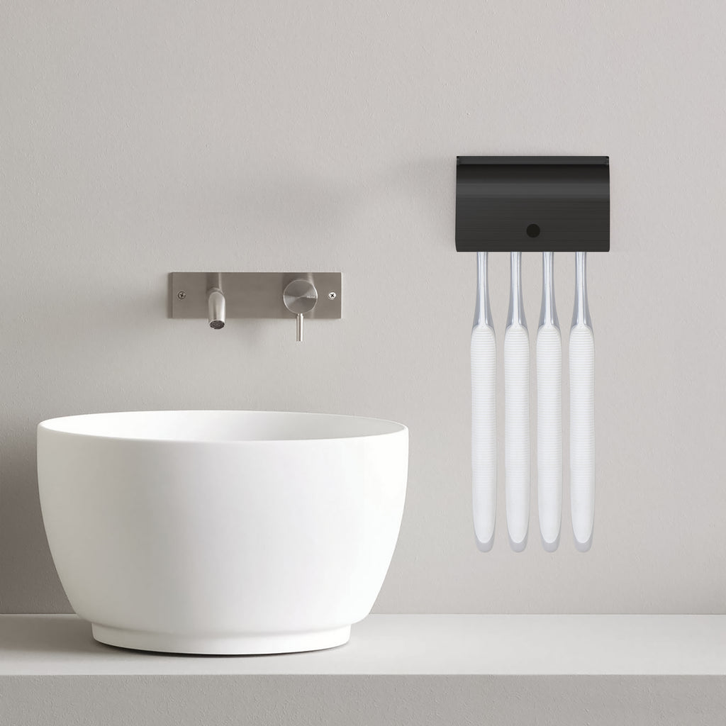 Linkidea Wall Mount Toothbrush Holder for Shower, Stainless Steel Adhesive Hanger, 4 Slots Organizer Compatible with Colgate Extra Clean, Oral-B CrossAction (Black)