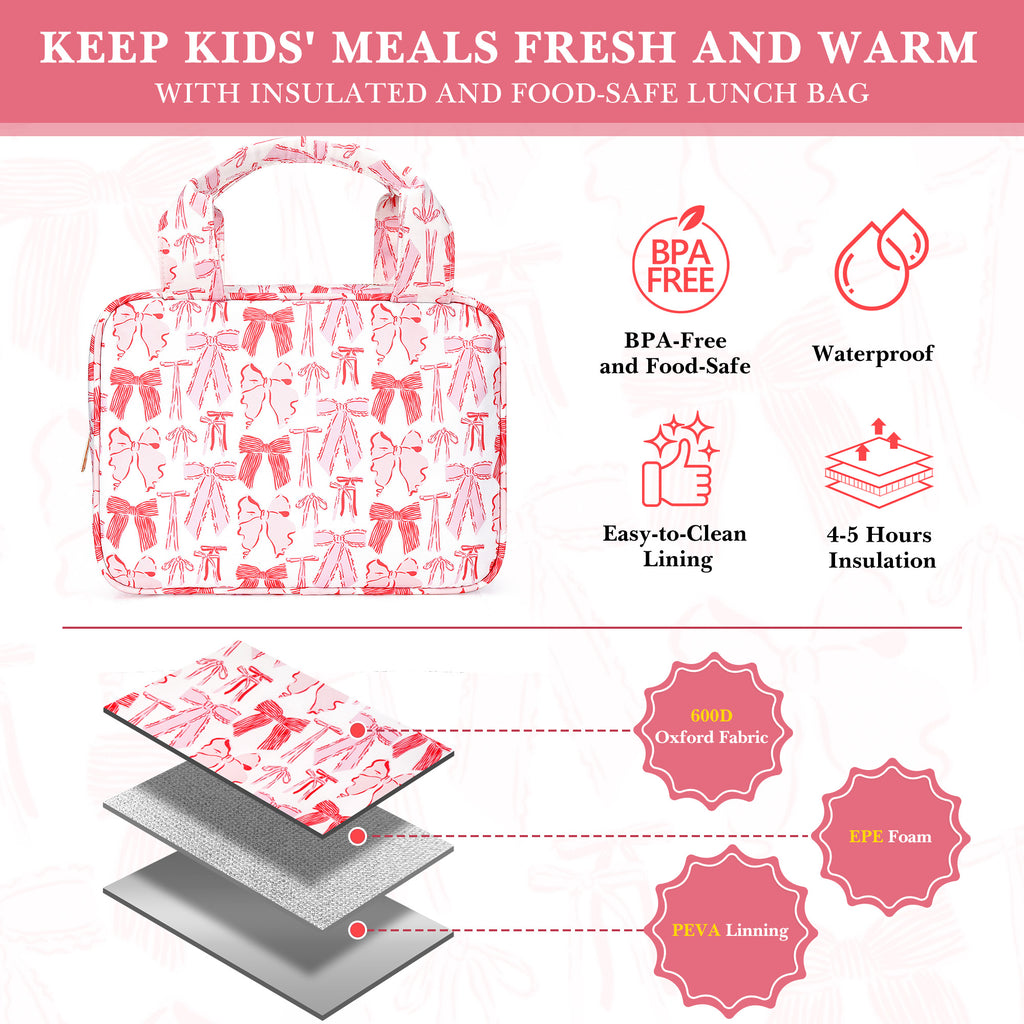 Linkidea Pink Bows Lunch Bag, Thermal Insulated Box Container, Portable Box Tote Bag for Women, Easy Clean Water Resistant Fabric with Zippered Pockets