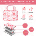 Linkidea Pink Bows Lunch Bag, Thermal Insulated Box Container, Portable Box Tote Bag for Women, Easy Clean Water Resistant Fabric with Zippered Pockets