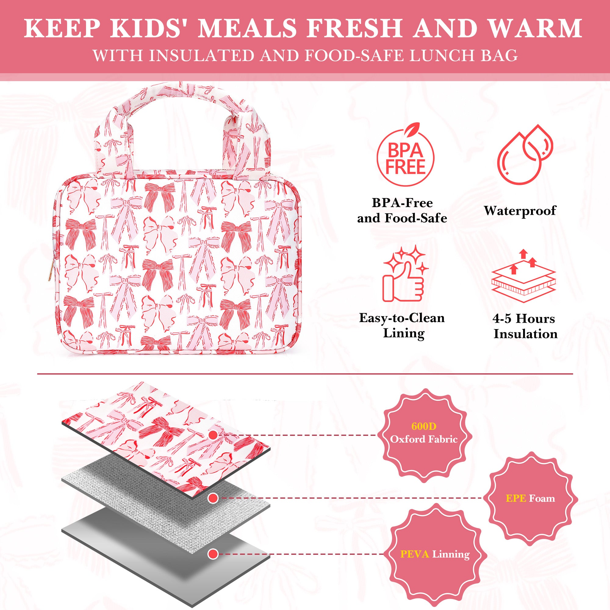Linkidea Pink Bows Lunch Bag, Thermal Insulated Box Container, Portable Box Tote Bag for Women, Easy Clean Water Resistant Fabric with Zippered Pockets