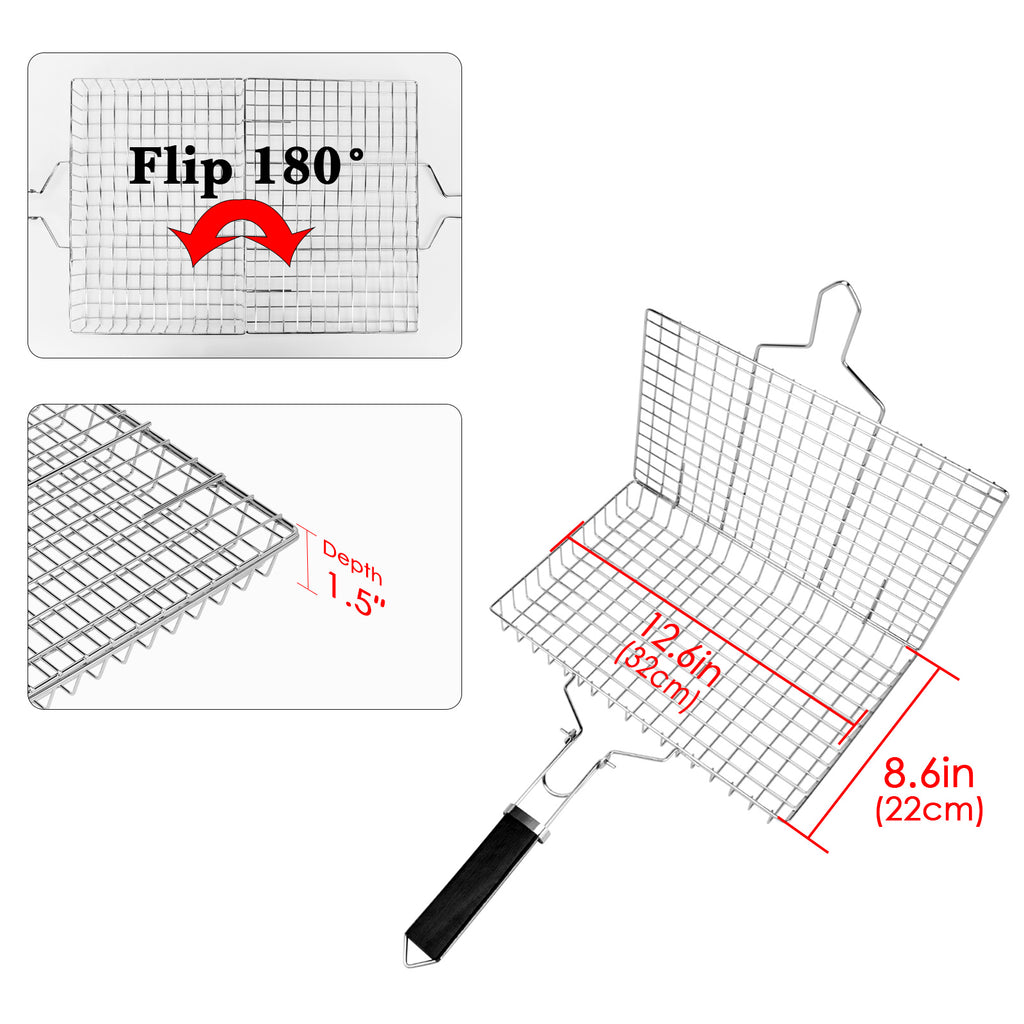 Linkidea Square Portable BBQ Grill Basket, Stainless Steel Fish Barbecue Accessories with Removable Secure Locking Handle, Picnic Grill Rack for Outdoor Cooking Vegetables Fishes Shrimp