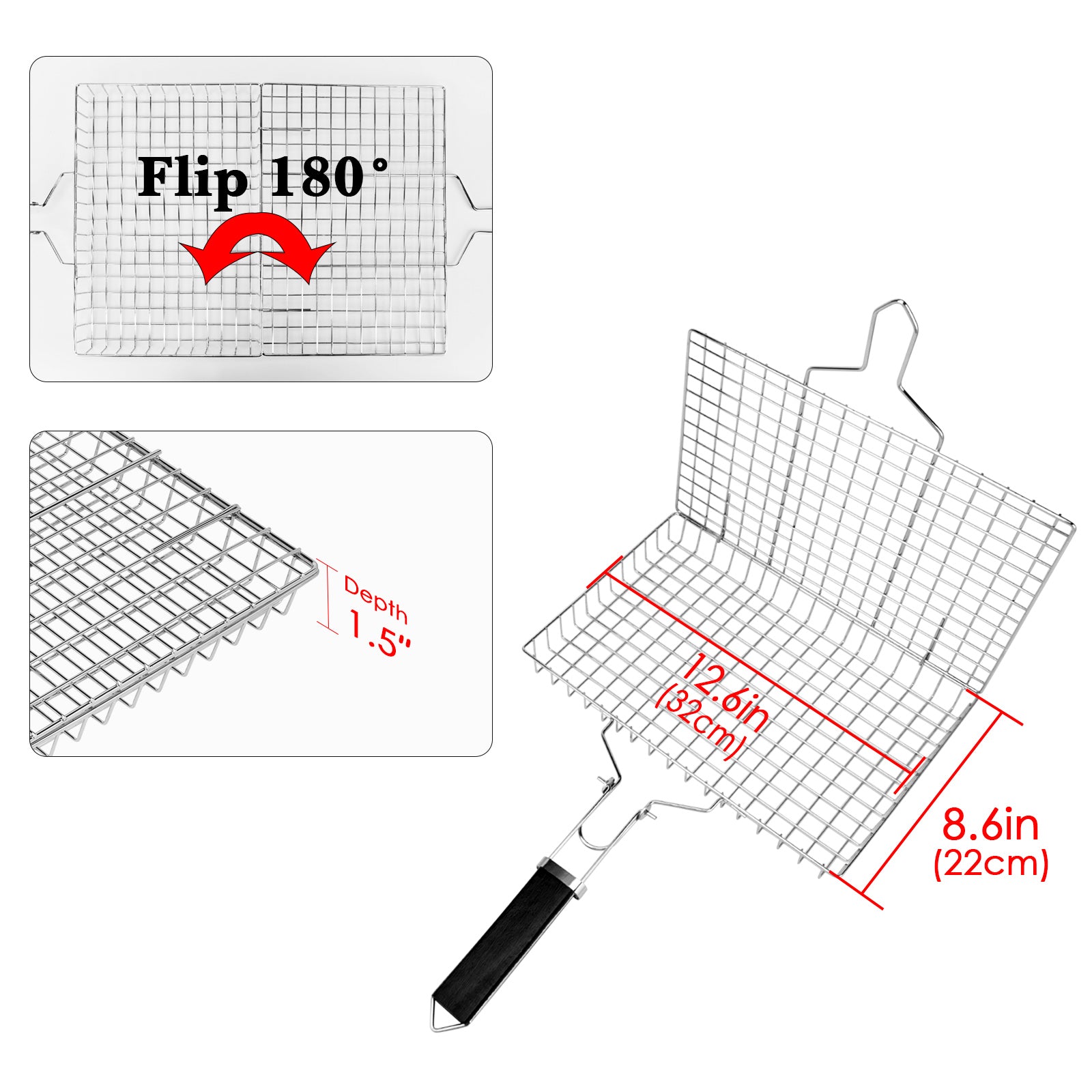 Linkidea Square Portable BBQ Grill Basket, Stainless Steel Fish Barbecue Accessories with Removable Secure Locking Handle, Picnic Grill Rack for Outdoor Cooking Vegetables Fishes Shrimp
