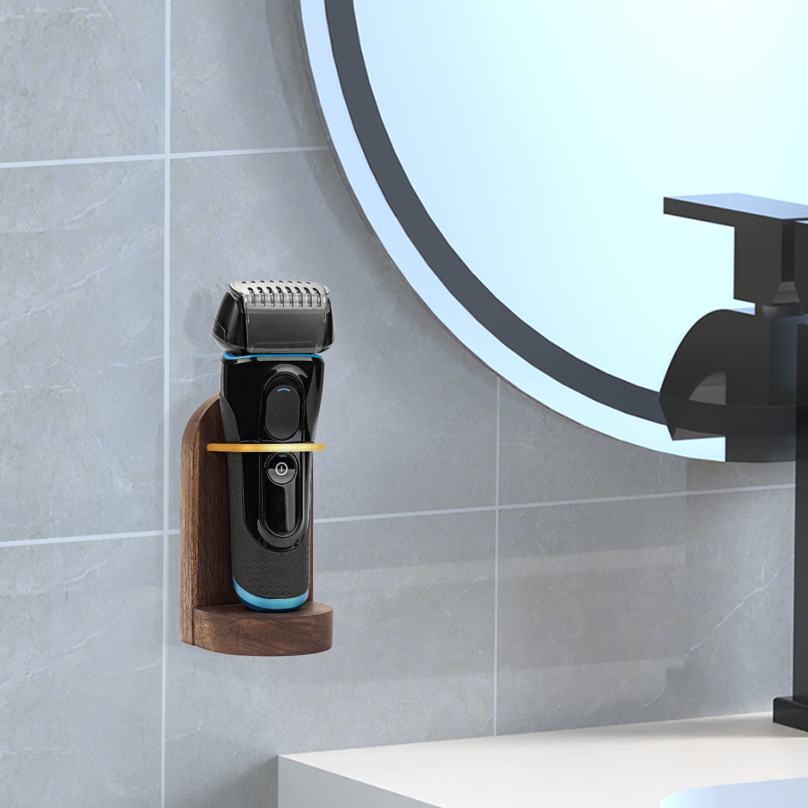 Linkidea Shower Wall Mount Electric Razor Holder, Organizer with Self-Adhesive Wood Backing, Shaver Stand Compatible with Philips Norelco 2, 5, 6 Series, MANSCAPED Lawn Mower 3.0 (Brown)