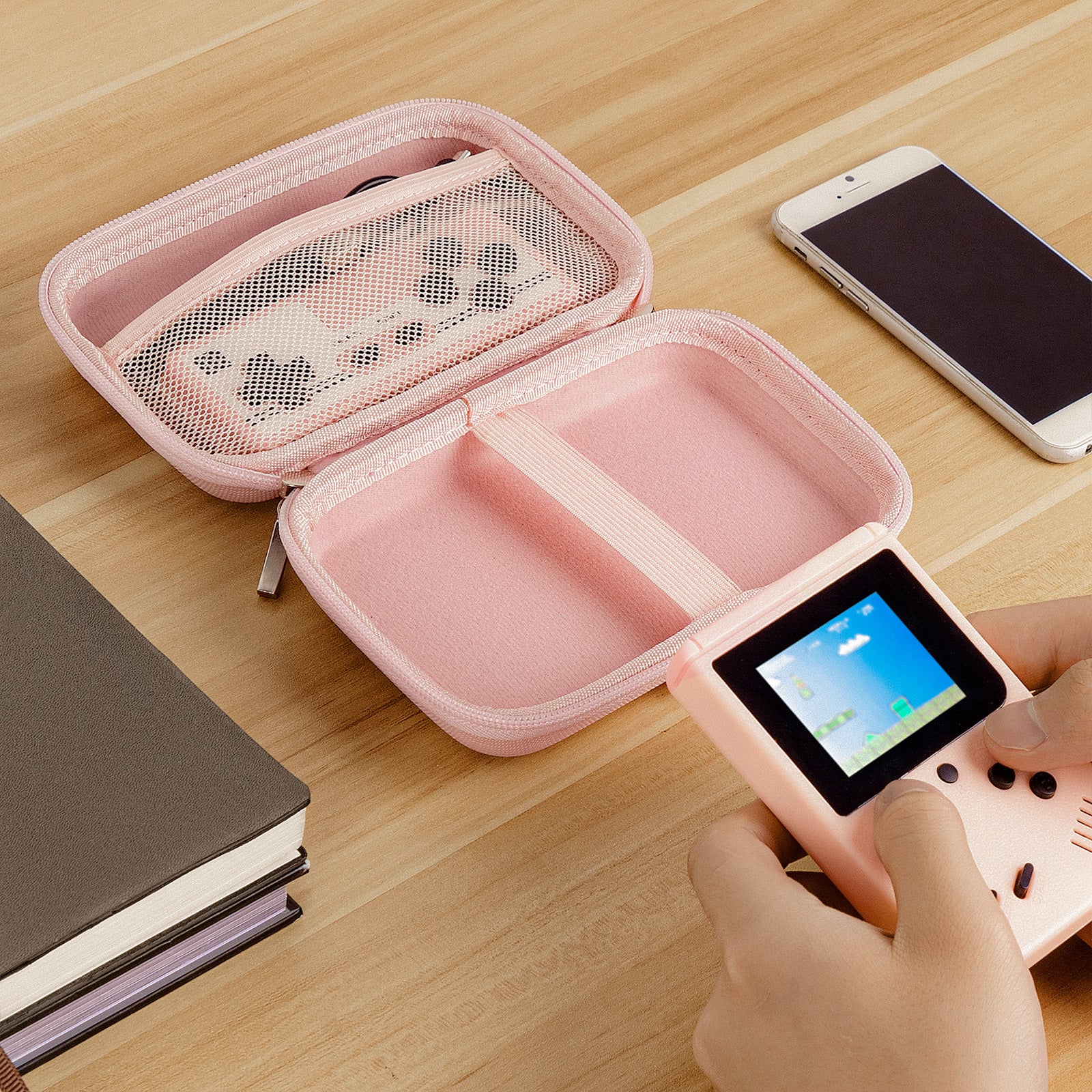 Linkidea Handheld Game Console Carrying Case, Shockproof Travel Storage Organizer Compatible with Mini Game Player Box for Charging Cable, EarPods, Batteries and Accessories (Pink)