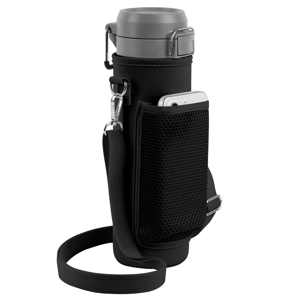 Linkidea Water Bottle Carrier with Strap Compatible with Stanley Quick Flip GO 24/36oz, IceFlow Fast Flow 24/36oz, Waterbottle Sling Bag Holder, Shoulder Strap with Phone Mesh Pocket, Black