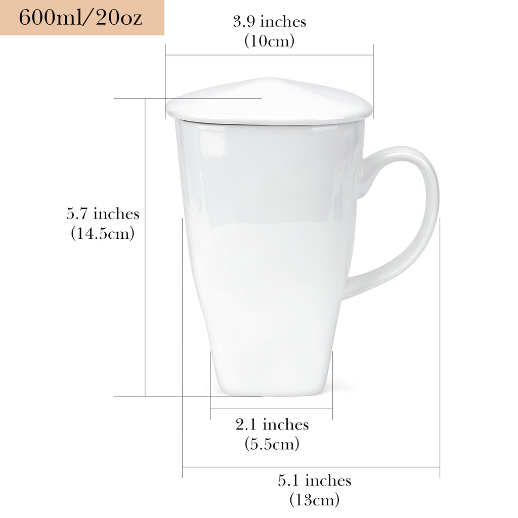 Linkidea 20oz Extra Large Fine Bone China Coffee Mug with Lid, Lightweight Coffee Cups with Handles for Office and Home, Microwave and Dishwasher Safe