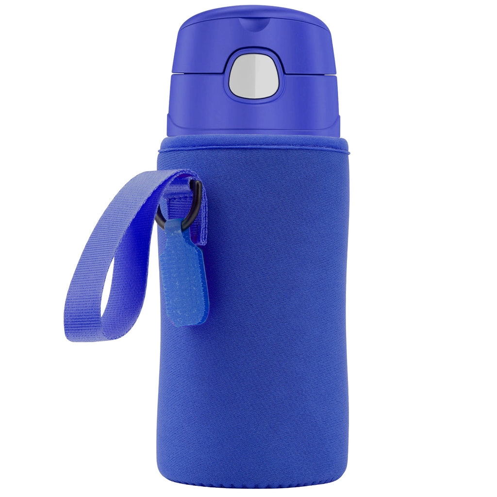 Linkidea Water Bottle Sleeve Compatible with Thermos FUNTAINER Tritan 16oz, Steel 12oz, Kids Bottle Holder Bag with Name Tag, Navy Blue