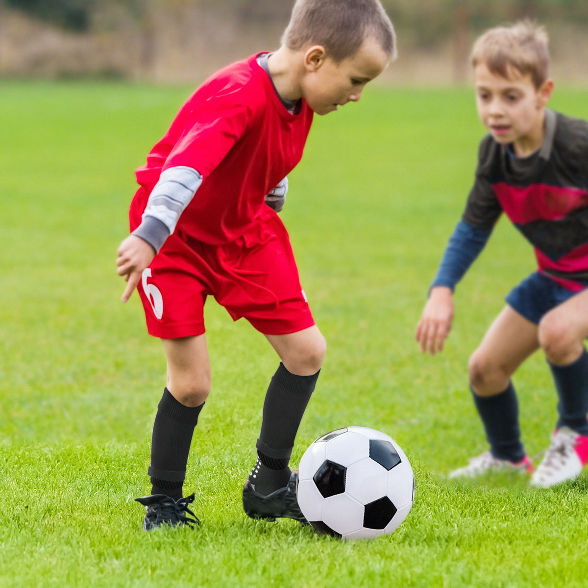 Linkidea Kids Soccer Grip Socks with Shin Guard Sleeve for Age 6 - 9 (Black)