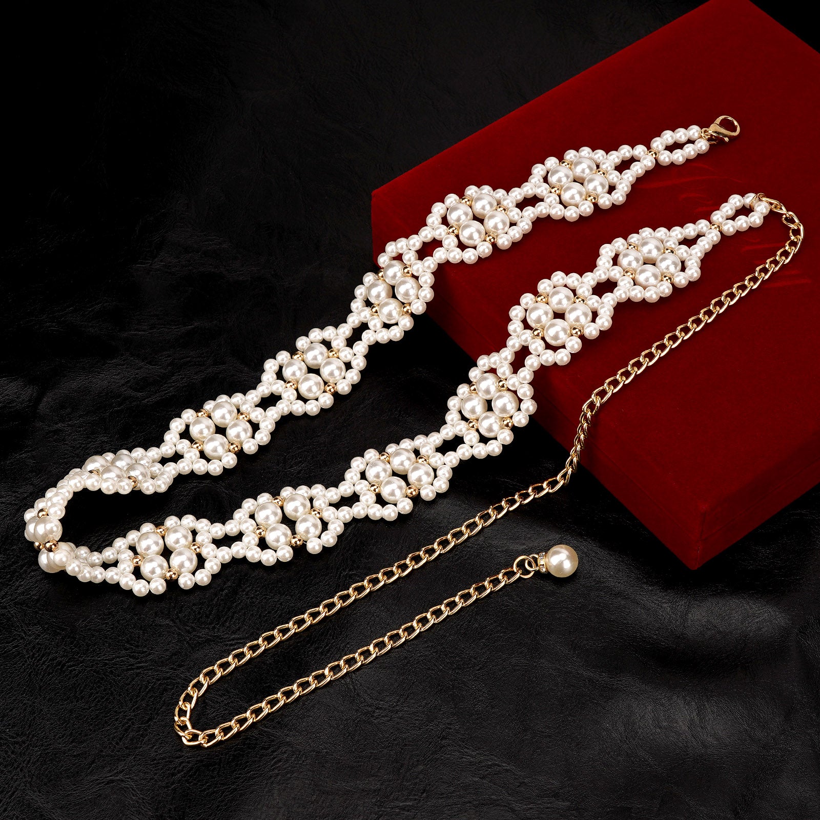Large Waist Belt for Women, 26.8-39.4 Inch Metal Adjustable Chunky Waist Chains, Gold Color and White Pearl Fashion Jewelry Accessory