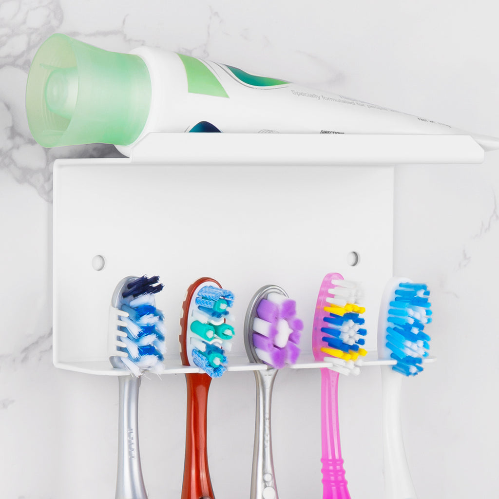 Linkidea Wall Mounted Toothbrush Holder for Shower, Aluminum Self-Adhesive 5 Slots Tooth Brush and Toothpaste Organizer Hanger Compatible with Colgate Extra Clean, Oral-B CrossAction (White)