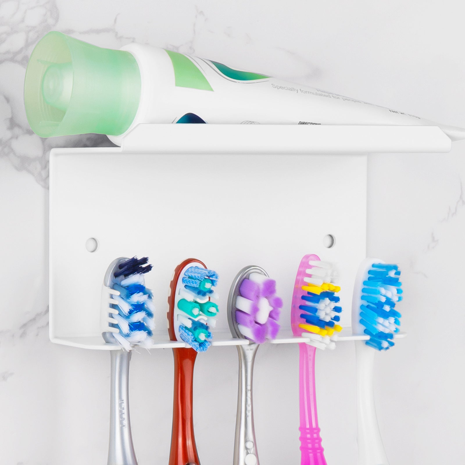 Linkidea Wall Mounted Toothbrush Holder for Shower, Aluminum Self-Adhesive 5 Slots Tooth Brush and Toothpaste Organizer Hanger Compatible with Colgate Extra Clean, Oral-B CrossAction (White)