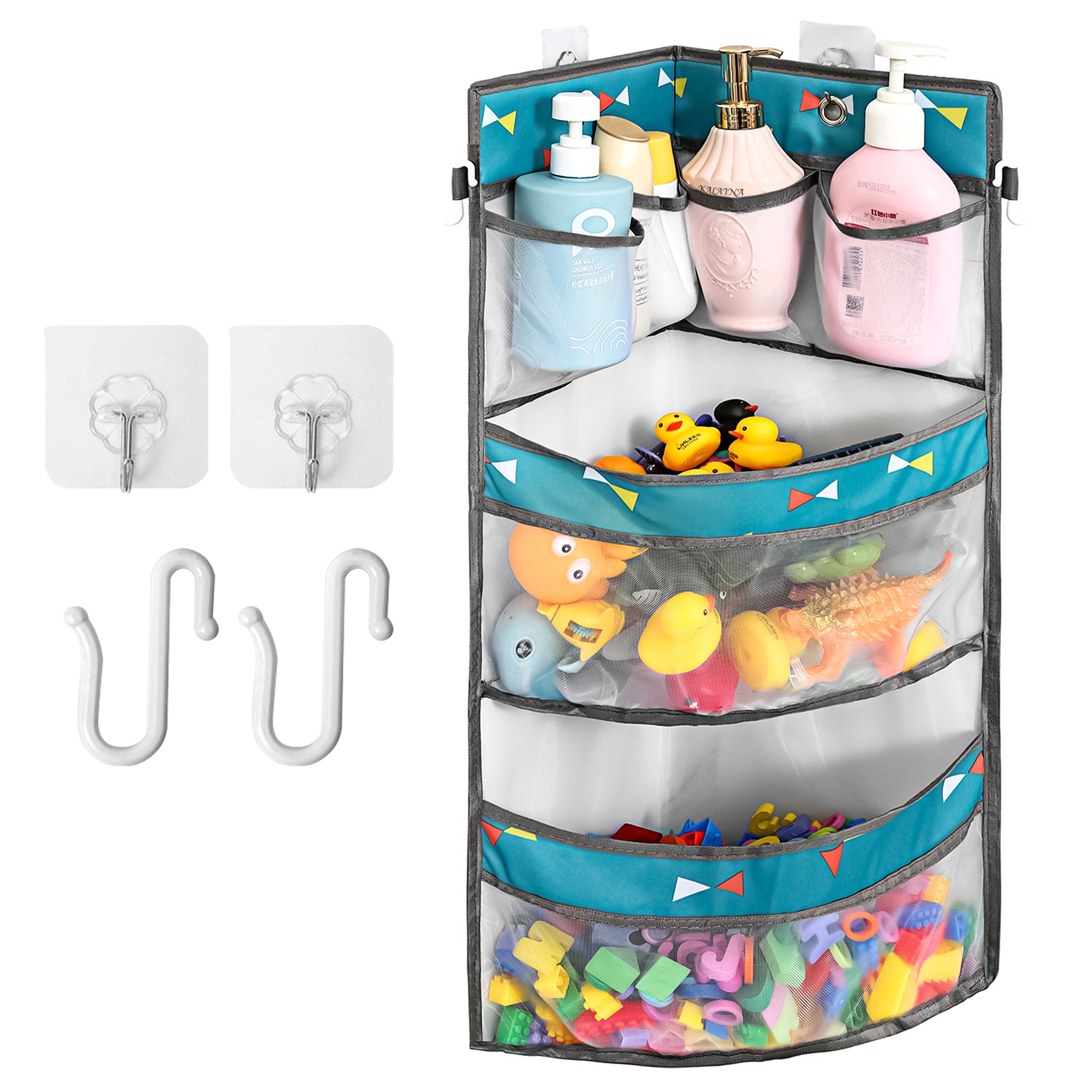 Linkidea Kids Bath Toy Organizer, Large Hanging Mesh Bathroom Caddy with 2 Adhesive Hooks and 2 S Hooks, Multi-Pocket Storage Bag for Bathroom and Bedroom (Grey)
