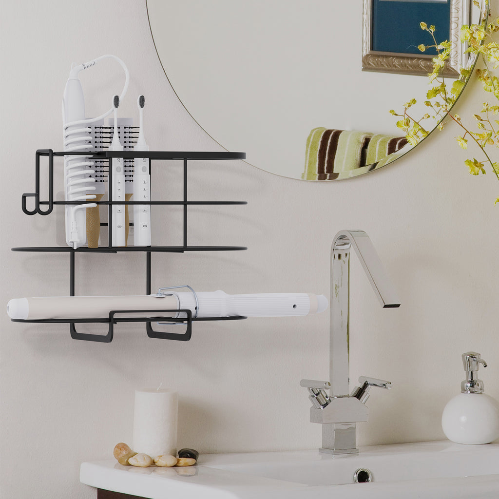 Linkidea Hair Tool Organizer with Hook, Self Adhesive Hair Dryer Holder for Bathroom, Blow Dryer Styling Tool Storage Basket for Bedroom (Black)