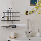 Linkidea Hair Tool Organizer with Hook, Self Adhesive Hair Dryer Holder for Bathroom, Blow Dryer Styling Tool Storage Basket for Bedroom (Black)