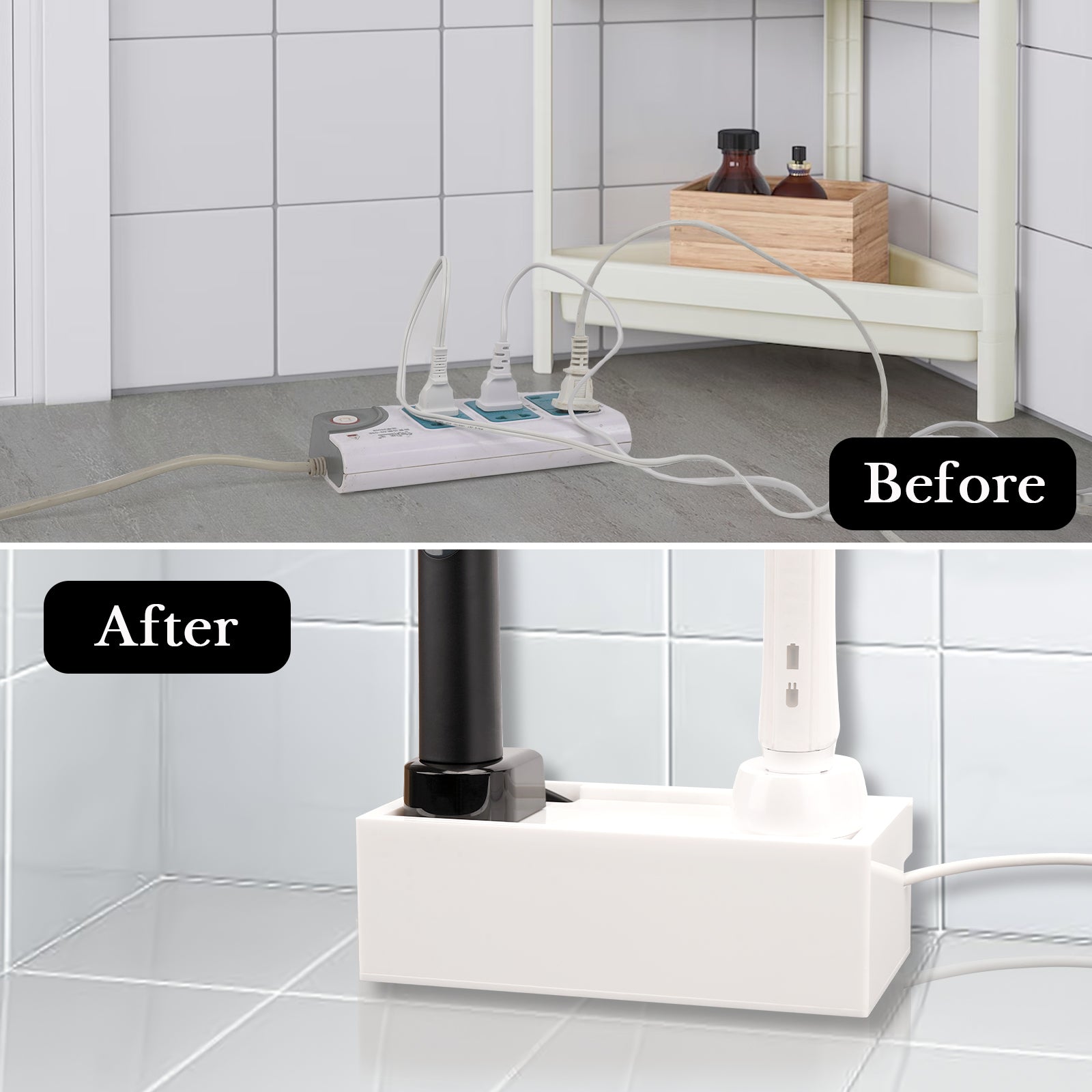 Linkidea Bathroom Electric Toothbrush Cable Box, Vanity Hide Cord Organizer, Charger and Power Strip Storage Case, Keep Countertop & Outlet Clean (White)