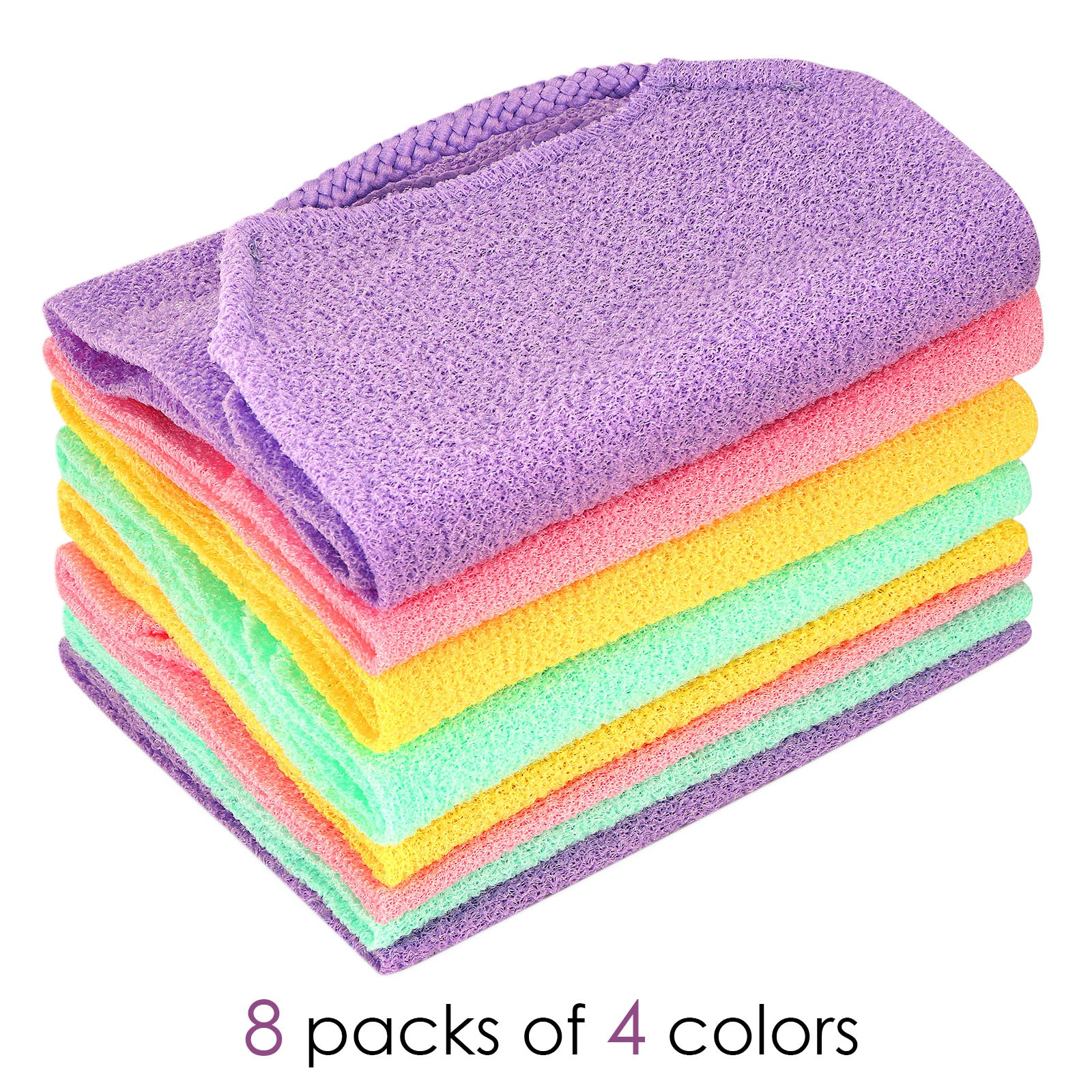 Linkidea 8 Pack Stretchable Pull Strap Exfoliating Towel Bulk Pack, Wholesale Multi-Pack Exfoliating Back Scrubber with Handles, Scrub Bath Washcloths, Deep Cleans Skin for Body Shower