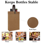 Linkidea 2-Bottle Kraft Paper Wine Gift Bag, Reusable Wine Tote Carrier with Detachable Divider, Portable Holder for Wedding, Holiday, Business & Party Gifting (Brown)