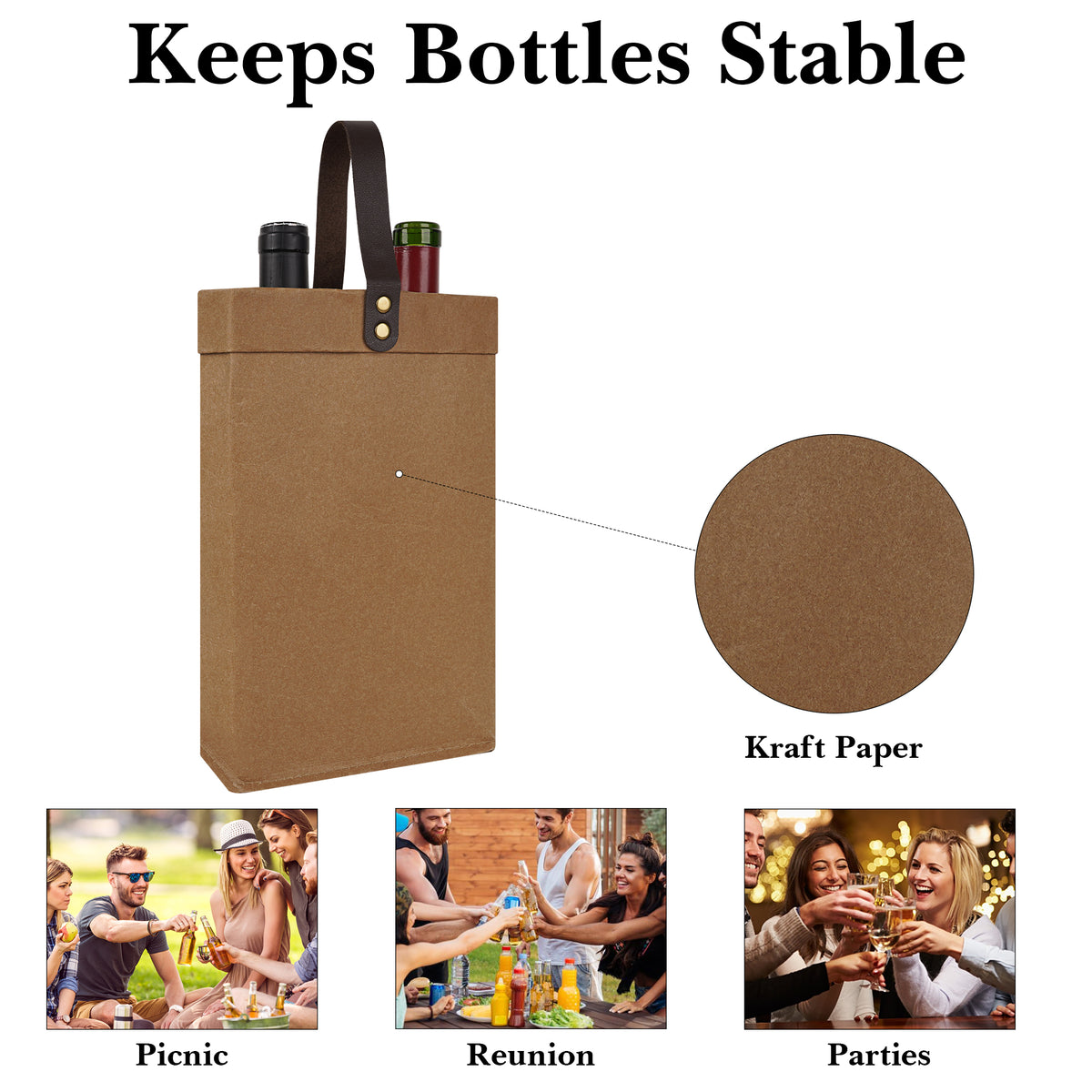 Linkidea 2-Bottle Kraft Paper Wine Gift Bag, Reusable Wine Tote Carrier with Detachable Divider, Portable Holder for Wedding, Holiday, Business & Party Gifting (Brown)