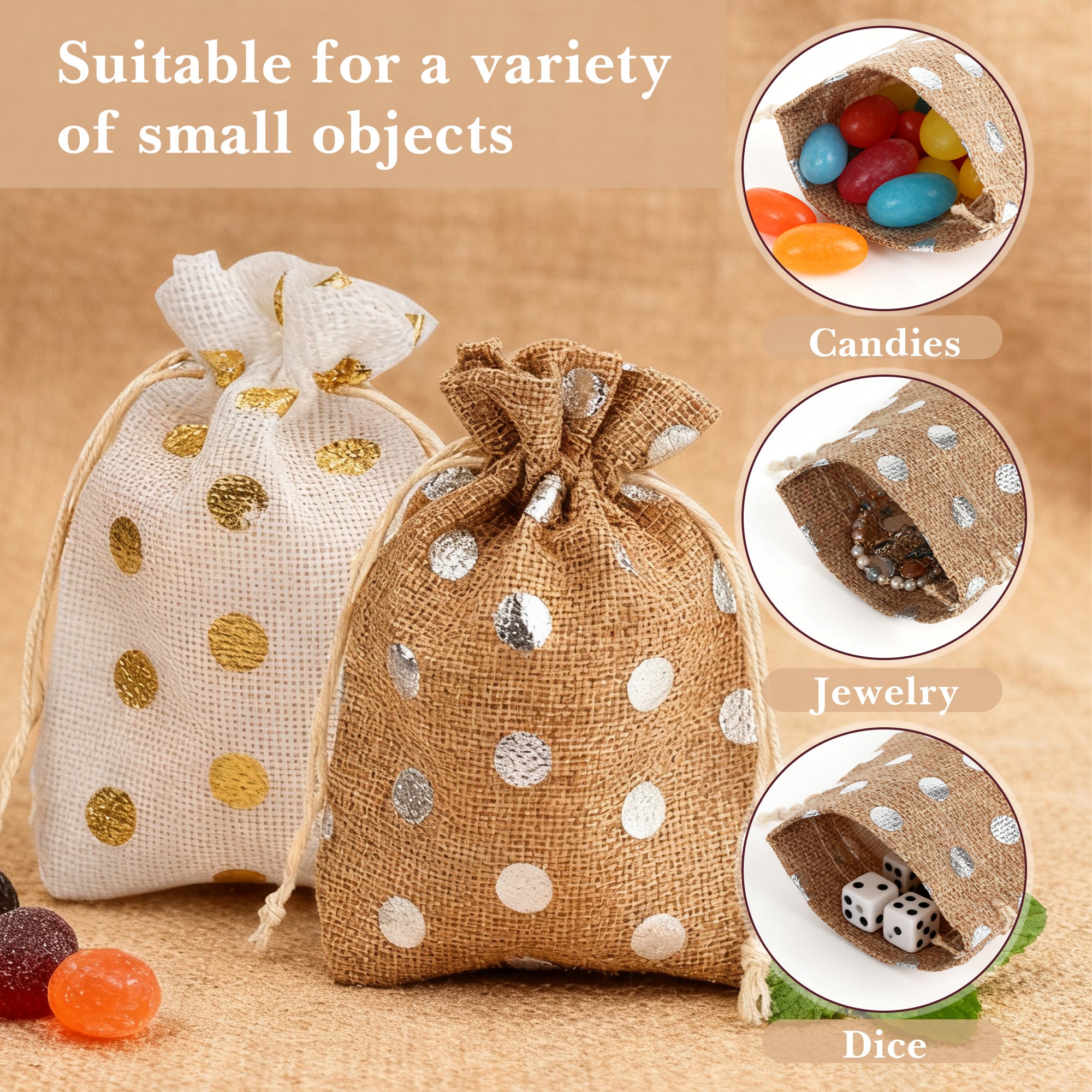 Linkidea 12 Pcs Small Burlap Drawstring Gift Bags, 5.5" x 3.9" Polka Dot Linen Pouches for Party Favors, Candy, Jewelry, Wedding Decorations