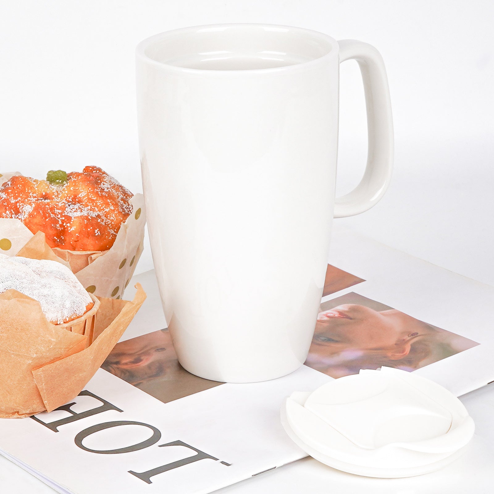 Linkidea Ceramic Coffee Mug with Slide Lid, 20oz Extra Large Travel Coffee Cup with Handle, Reusable Tall Coffee Mugs Large Capacity Drinking Teacups, Microwave and Dishwasher Safe