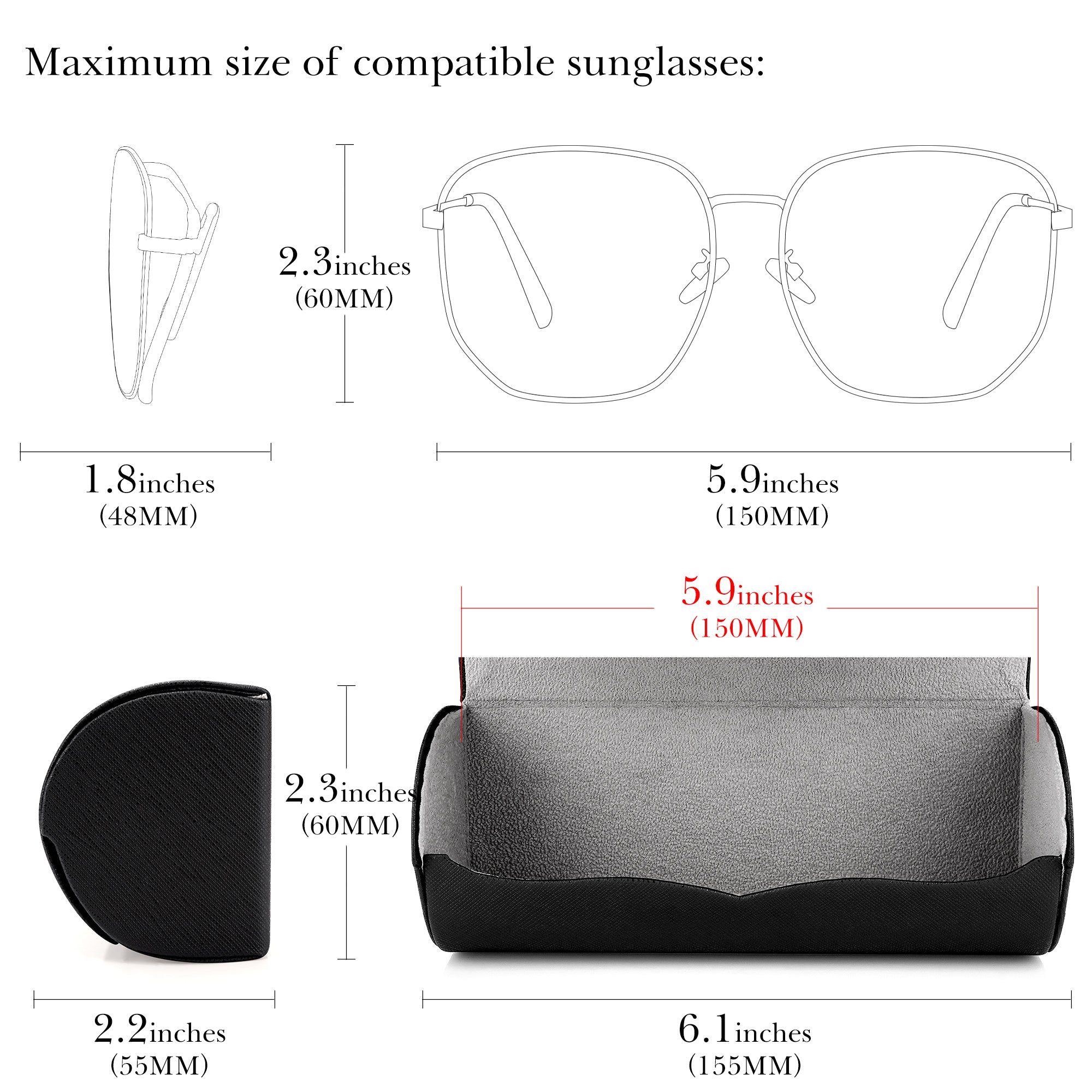 Extra Large Hard Shell Sunglasses Case, Vegan Leather Sun Glasses Storage Organizer Compatible with Rayban RBS0101S/RB8097/RB8089 (XL / Black)