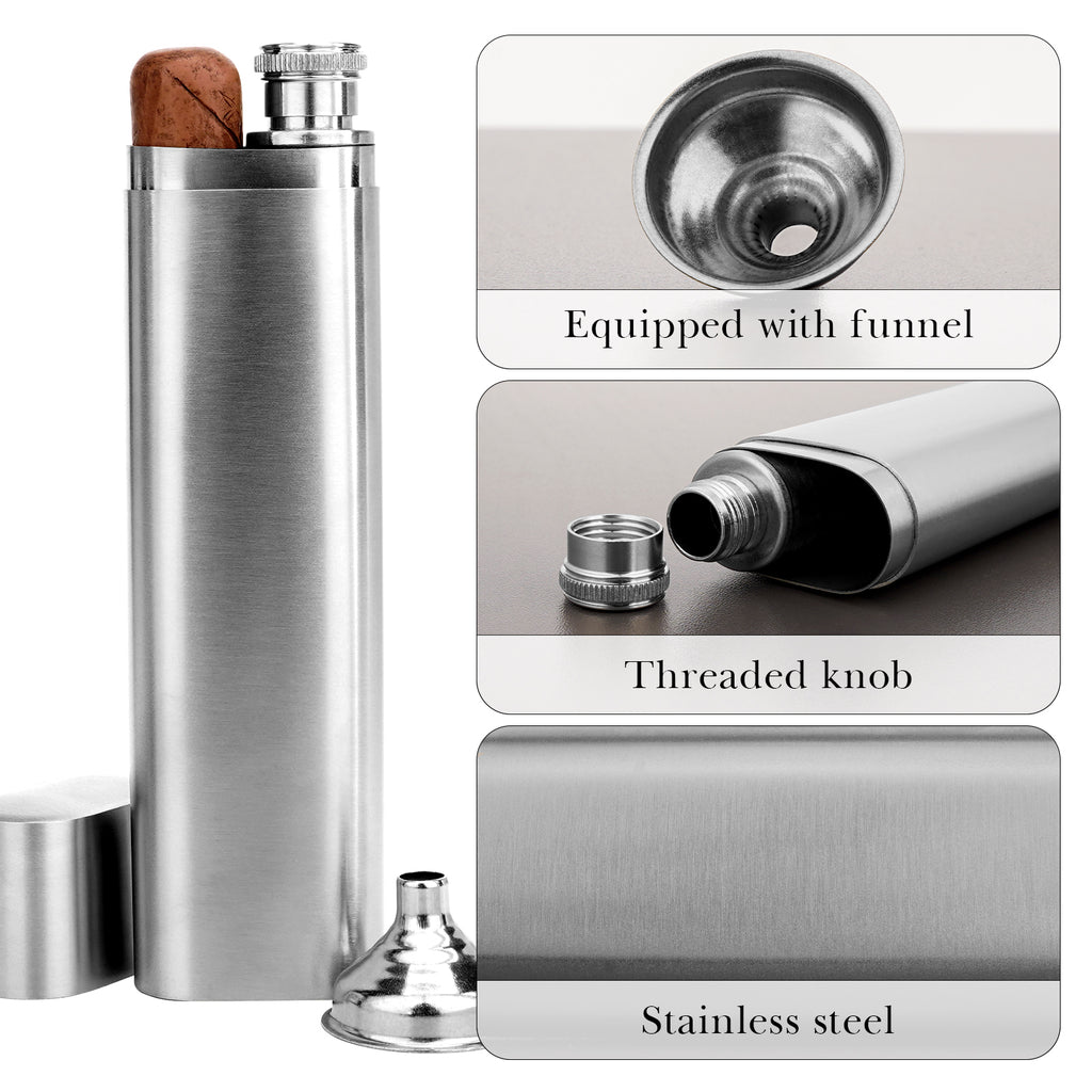 Linkidea 2 Oz Hip Flask Cigar Holder with Funnel, Single Tube Stainless Steel Cigar Tube, Alcohol Container Carrying Storage Case for Travel (Silver)
