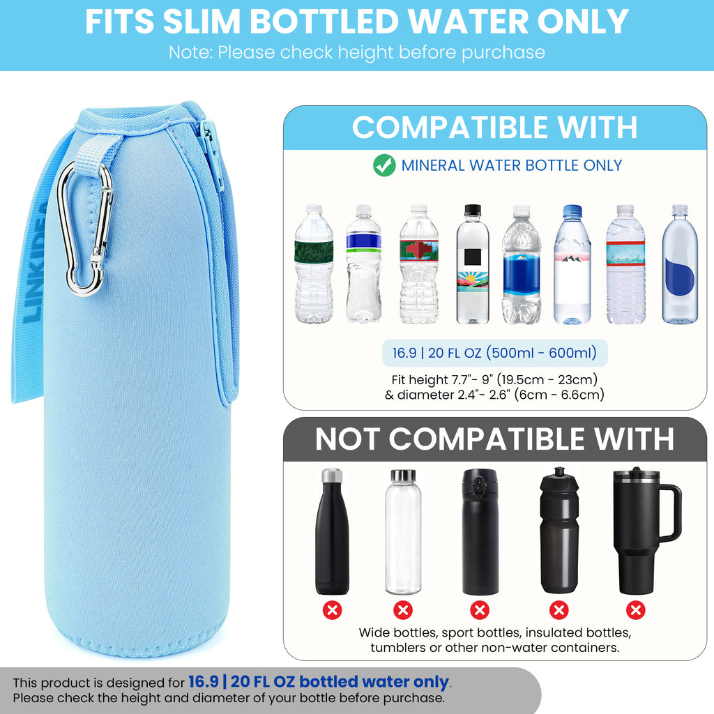 Linkidea 2 Pack Disposable Water Bottle Sleeve Compatible with Smartwater 16.9/20 Fl Oz, Evian 16.9 Fl Oz, Insulated Neoprene Bottled Water Cover Holder with Lockable Zipper, Light Blue