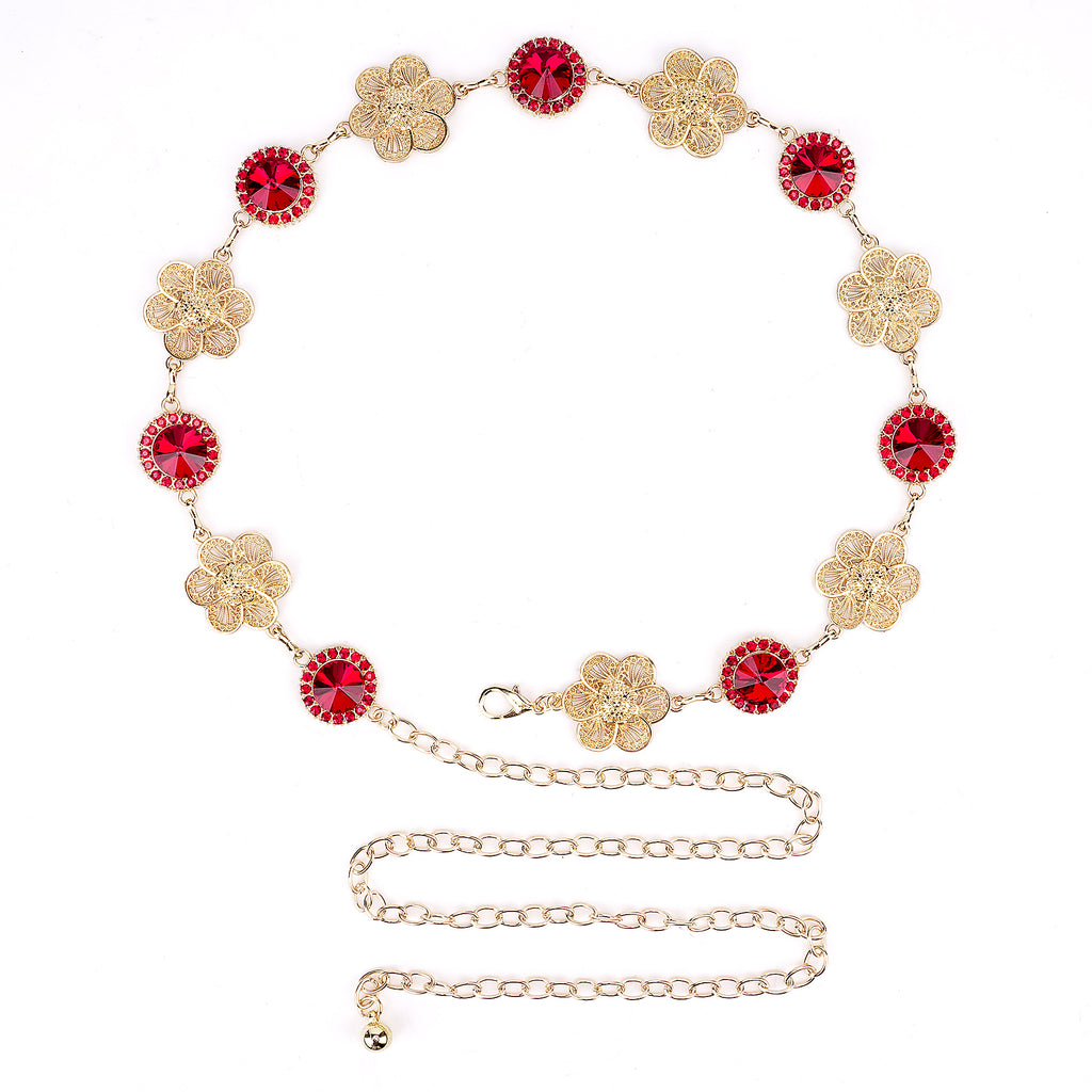 Plus Size Chain Belt for Women, Gold and Red Waist Belt, 51 Inch Adjustable Chunky Fashion Body Chain for Dresses, Party, Casual Wear, Jewelry Accessory (Four Leaf Clover Style)