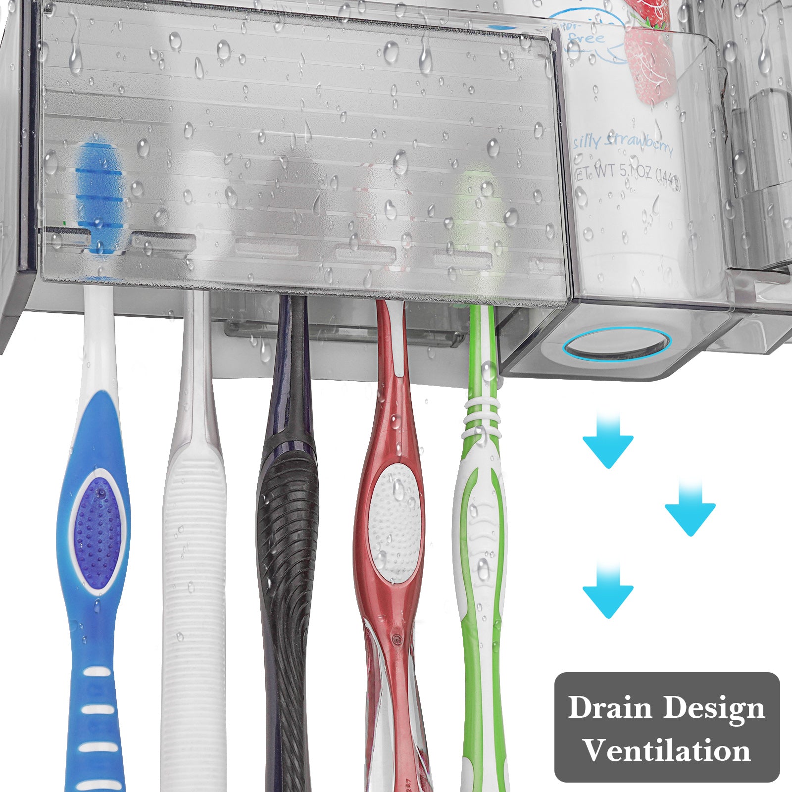 Linkidea 5 Slots Wallmount Toothbrush Holder with Cover for Shower, Plastic Multifunctional Toothpaste Toothbrush Organizer Compatible with Oral-B Cross Action, Colgate Renewal (Gray)